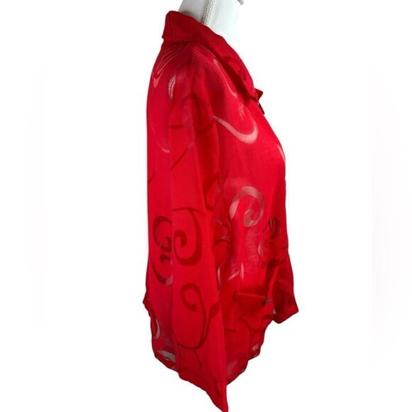 Kaktus 3/4 Sleeve Blouse Vibrant Red Sheer Button-Up Size XL - Picture 5 of 10